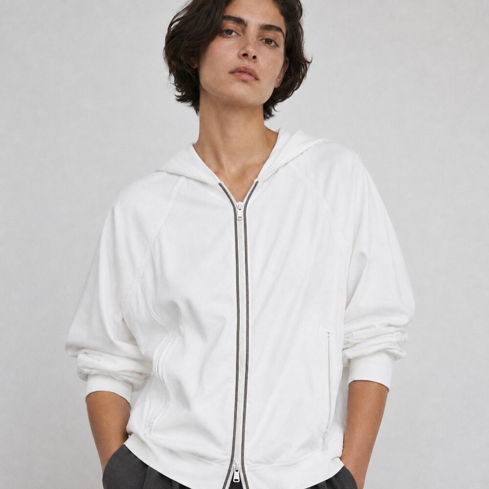 Brunello Cucinelli Smooth Cotton Monili Chain Hoodie Womens L White Full Zip